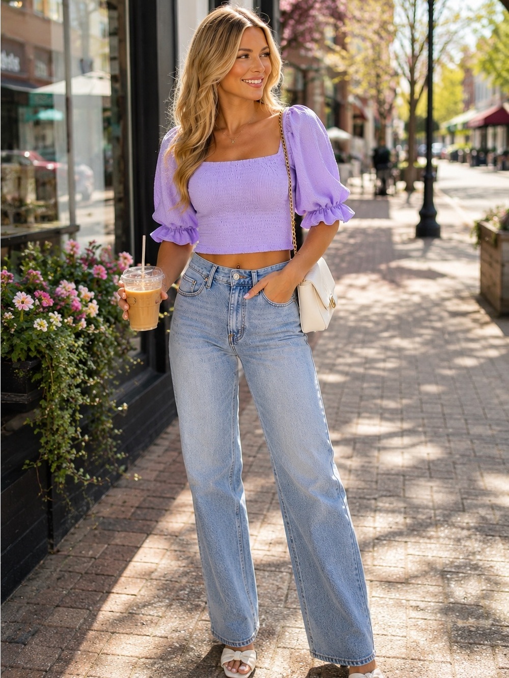 BCBG Generation Lavender Smocked Puff Sleeve Crop Top | Size Small